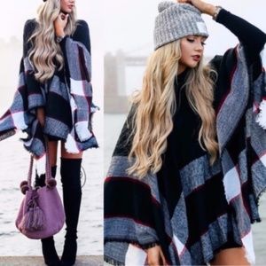 19 - Cozy Black Turtleneck Plaid Poncho Fringe Hem Winter
